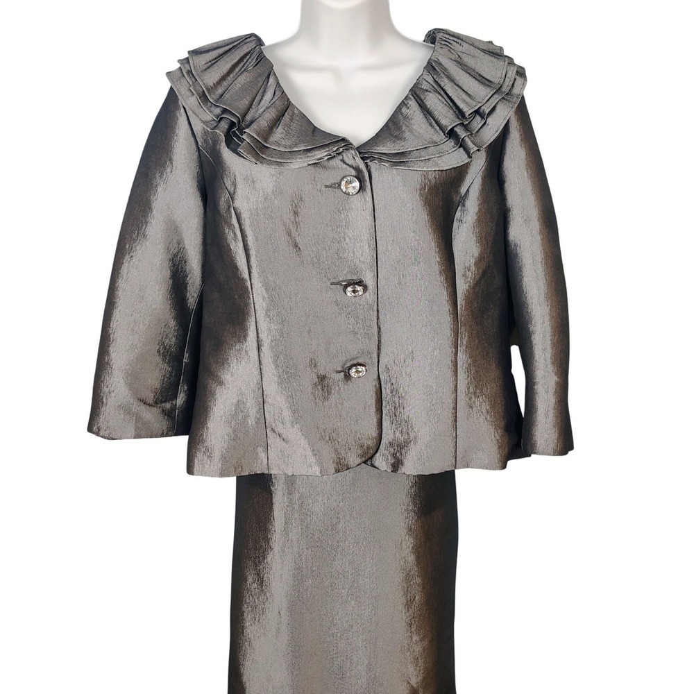 Nicolette Womens 18 Grey Metallic Ruffle Portrait Collar Skirt Suit 2pc Set MOB